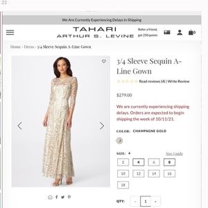 Tahari  3/4 sleeve Sequin A- Line Gown Size 16 Champagne Gold